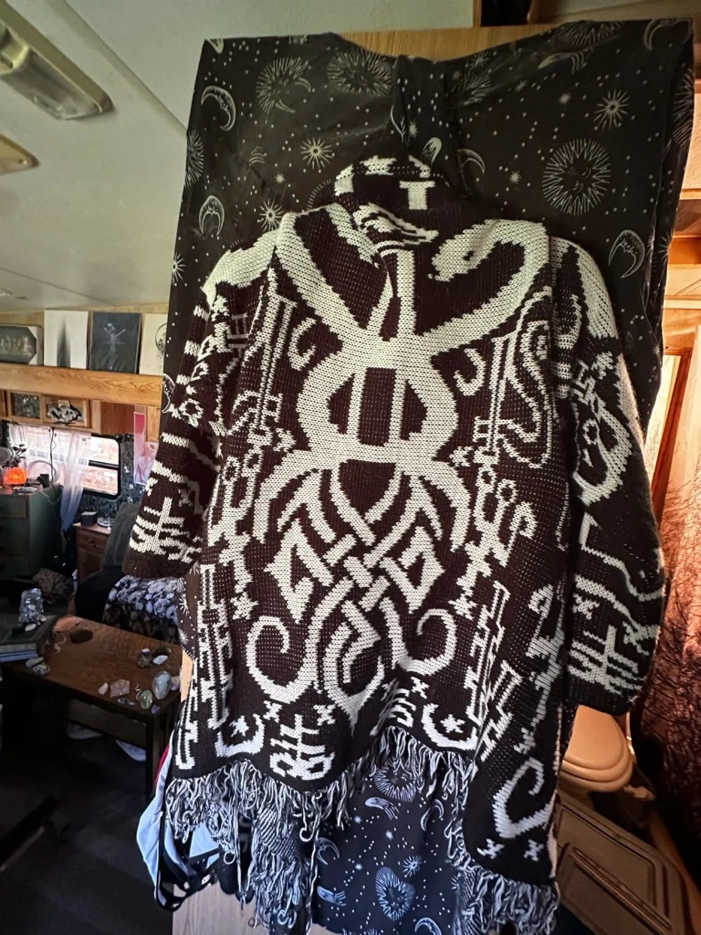 SHEIN Black & White Knit Fringe Open Cardigan - Picture 2 of 5
